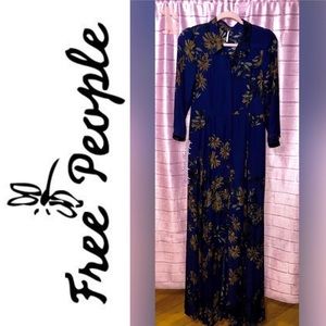 Free People Navy Blue Floral Maxi Shirt Dress 🌺